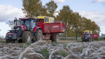 Aardappeloogst in Duitsland, landbouwmachines oogsten aardappelen van het veld