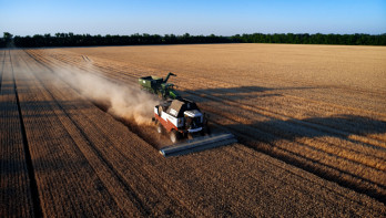 Tarweoogst met combine en overlaadwagen in Rusland