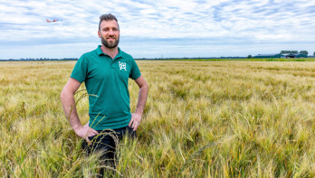 Een man in een groen shirt staat in een akker