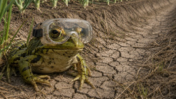 Een kikker met een veiligheidsbril zit op droge, gebarsten grond tussen rijen gewassen op een akker.
