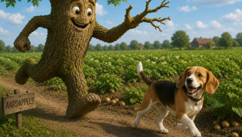 Een vrolijke boom rent achter een beagle aan door een aardappelveld.