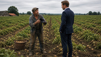 Twee mannen staan in een aardappelveld