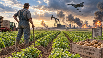 Een man staat in een aardappelveld terwijl de wereld in rook opgaat