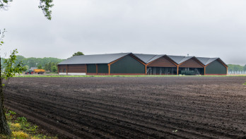 Moderne bewaarschuur voor de mechanische bewaring van aardappelen en uien bij loonbedrijf Kuunders in Deurne.