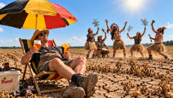 AI gegeneerde foto van een boer die geniet van een regendans