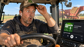 Een AI gegeneerde foto van een boer die verbaasd in een trekker rijdt en naar een podcast luistert