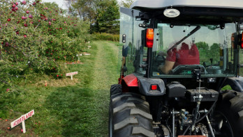 Een tractor met bestuurder rijdt door een appelboomgaard langs bomen vol rode appels.