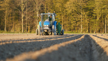 Aardappelen poten op het land met landbouwmachines.