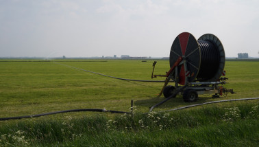 Beregening van grasland met een irrigatiesysteem.