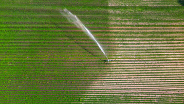 Luchtfoto van een aardappelperceel dat wordt beregend