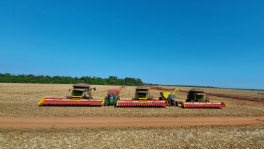 Graanoogst in Brazilië met landbouwmachines op uitgestrekte akkers.