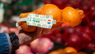 Verpakte biologische uien uit de supermarkt