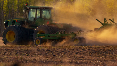 Tarwe zaaien op een stoffige akker bij zonsondergang