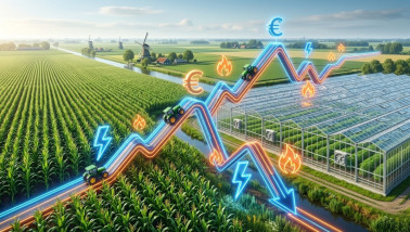 Landbouwlandschap met akkers en kas, met een stijgende en dalende grafiek van prijzen en energiekosten.
