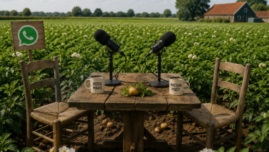 Twee microfoons op een tafel in een aardappelveld