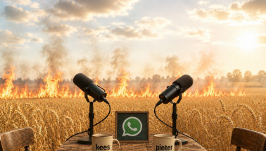 Podcastopstelling in een brandend graanveld
