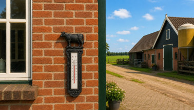 Thermometer aan een boerderijmuur die hittestress op het platteland zichtbaar maakt.
