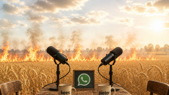 Podcastopstelling in een brandend graanveld