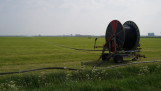Beregening van grasland met een irrigatiesysteem.