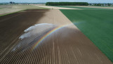 Luchtfoto van een landbouwveld dat wordt beregend, met een regenboog zichtbaar in de waternevel.