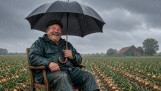 een oude man zit lachend in een stoel in de regen met een paraplu in een veld met uien